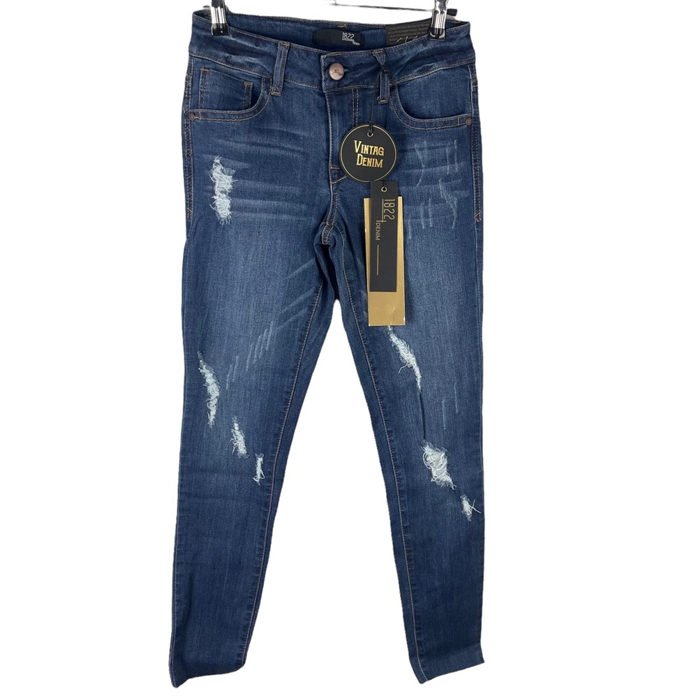 NWT 1822 Denim Distressed Ankle Skinny Jeans Dark Wash Mid Rise Stretch sz 27